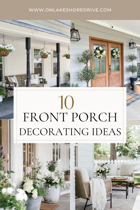 10 porch decorating ideas for summer - on lakeshore drive Long Porch Decorating Ideas, Porch Decorating Ideas For Summer, Southern Porch Decor, Outdoor Entryway Decor, Porch Refresh, Summer Front Porch Decor, White Porch, Stylish Bedroom Decor, Southern Porches