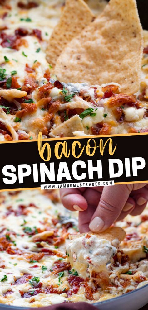 Bacon Spinach Dip, Football Food Appetizers, Dip Recipes Appetizers, Homemade Dips, Delicious Dips Recipes, Cheesy Dip, Superbowl Appetizers, Football Party Food, Dip Recipes Easy