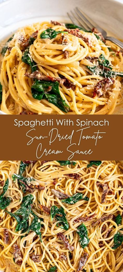 Quick & Easy Spaghetti With Spinach & Sun-Dried Tomato Cream Sauce - Yummy and fully Pasta Dishes Sun Dried Tomatoes, Spaghetti Sun Dried Tomatoes, Creamy Garlic Spaghetti Squash With Spinach And Sundried Tomatoes, Spaghetti And Spinach With Sundried Tomato Cream Sauce, Pasta Sundried Tomatoes Spinach, Mediterranean Spaghetti Recipes, Pasta Zucchini Tomato, Spaghetti & Spinach With Sun-dried Tomato Cream Sauce, Sundried Tomato And Spinach Pasta