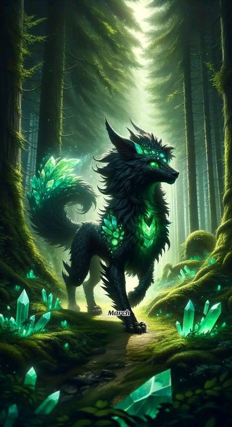 Green Mythical Creatures, Magic Animals Art, Fantasy Pets Mythical Creatures, Magical Creatures Art, Forest Creatures Mythical, Cute Fantasy Animals, Fantasy Animal Art, Mythical Creature Art, Night Creatures