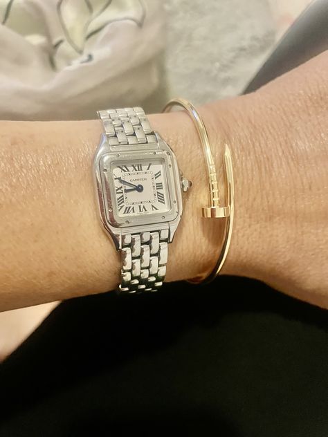 My Cartier Panthere and Cartier JUC bracelet Cartier Panthere, Steel Watch, Stainless Steel Watch, Cartier, Fashion Inspiration, Vision Board, Style Inspiration, Stainless Steel, Bracelet