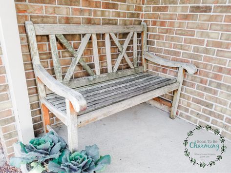 How To Refinish A Wood Bench - Soon To Be Charming Rustic Outdoor Benches, Wood Bench Seat, Bench Makeover, Wooden Bench Seat, Outside Benches, Front Porch Bench, Rocking Bench, Cedar Bench, Wood Bench Outdoor