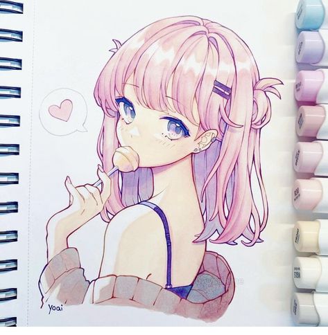 Anime Drawing Markers, Anime Marker Drawings, Alcohol Marker Anime, Anime Marker Art, Pastel Markers, Marker Techniques, Copic Drawings, Manga Girls, Copic Marker Art