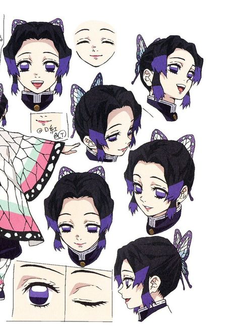 Demon Slayer Facial Expressions, Shinobu Front View, Shinobu Character Sheet, Shinobu Hairstyle, Shinobu Hair, Kny Reference, Character Design Sheet, Animation Process, Design Sheet