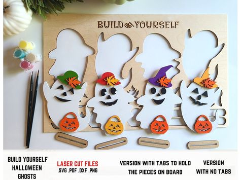 Halloween DIY Svg, Paint Kit Svg File, Halloween Kit Laser Cut Digital File, Craft kit, Halloween Svg File, Spooky File Glowforge DIGITAL FILE ONLY. NO PHYSICAL PRODUCT WILL BE DELIVERED.  This is the Perfect Halloween Activity for kids. Build yourself and paint the Halloween ghosts. Stands included in the kit. The elf on the picture is not included in the files :) Check out my shop for more DIY kits for kids. TESTED ON GLOWFORGE! 2 Versions included - one with tabs to hold the pieces on the boa Diy Kits For Kids, Childrens Art Projects, Diy Laser Cut, Halloween Kit, Laser Cut Wood Crafts, Halloween Activities For Kids, House Features, Diy Activities, Fall Halloween Decor