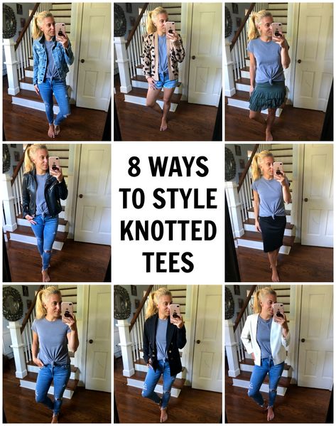 8 Ways to Style Knotted Tees - Looking for ways to style a front knot tee? Here is how to style a knotted tee 8 different ways. Knotted Shirt Outfit, Knot Shirt, Knotted Shirt, Tshirt Knot, How To Style, Fashion Styles, Fashion Advice, Shirt Outfit, How Many