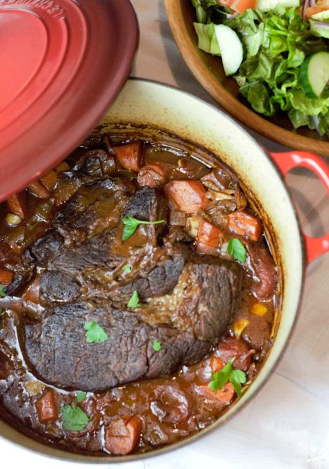 Pot Roast In Dutch Oven, Chuck Roast Stew, Stew Dutch Oven, Red Wine Braised Pot Roast Slow Cooker, Braised Red Wine Pot Roast, Pot Roast With Red Wine, Dutch Oven Pot Roast Red Wine, Red Wine Braised Chuck Roast, Roast With Red Wine