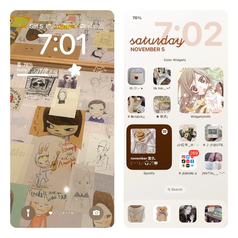 Aesthetic Ios 16 Layout, Cute Iphone Home Screen Layout, Brown Pastel Aesthetic, Ios Lockscreen Ideas, Tiktok Layout, Ios Phone Layout, Phone Inspo Home Screen, Phone Organization Home Screen, Aesthetic Phone Organization