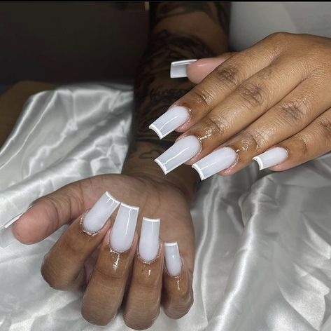 White Nail Ideas Acrylic Coffin Medium, Nut White French Tip Nails, Basic White Nail Designs, Milky White Nails Acrylic Coffin Long, Medium Nails White, White Square Nails Design, Milky White Nails With Rhinestones, White Short Acrylic Nails, White Acrylic Nails With Design