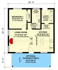 1-Bed Cottage House Plan with Vaulted Living Space - 650 Sq Ft - 420173WNT | Architectural Designs - House Plans 700 Sq Ft House Plans 2 Bedroom, 600 Square Foot House Plans, 30x30 House Plans, Casita Plans, Small Home Floor Plans, Cottage Community, Small Houseplans, One Bedroom House Plans, Granny Cottage