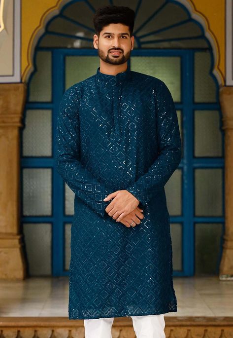 Mens Festival Wear, Mens Kurta Pajama, Blue Sherwani, Indian Jackets, Georgette Kurta, Vs Image, Festival Outfits Men, Mens Sherwani, Mens Kurta