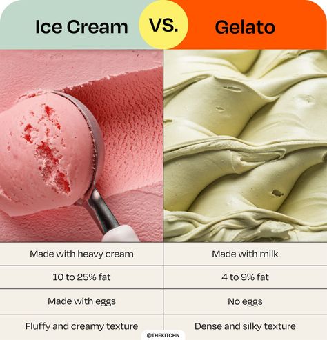 The difference between gelato and ice cream Gelato Vs Ice Cream, Popcorn Ice Cream, Types Of Ice Cream, Gelato Recipe, Gelato Ice Cream, Hot Fudge Sauce, Dairy Desserts, Hazelnut Praline, Waffle Cookies