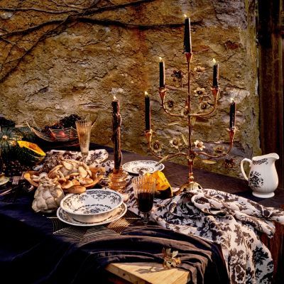 Kitchen + Dining | Serveware, Baking Dishes, Utensils, Glassware, Kitchen Tools + Barware - Terrain Linen Runner, Christmas Dining Table Decor, Beeswax Taper Candles, Beeswax Tapers, Christmas Dining Table, The Black Forest, Halloween Table, Ceramic Pitcher, The Midnight