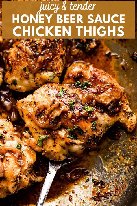 Beer Chicken Recipes, Sautéed Chicken Thighs, Chicken Thigh Blackstone, Chicken Thigh Recipes Blackstone, Blackstone Chicken Thighs, Honey Beer Chicken, Honey Sauce For Chicken, Diethood Recipes, Seasoned Chicken Thighs