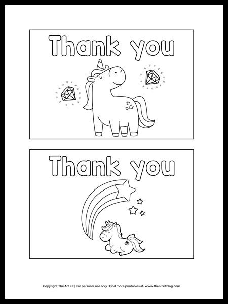 FREE Printable Unicorn Thank You Cards to Color! - The Art Kit Thank You Cards From Kids, Thank You Printable, Rabbit Colors, Teacher Appreciation Cards, Unicorn Printables, Unicorn Card, Free Thank You Cards, Unicorn Colors, Printable Thank You Cards