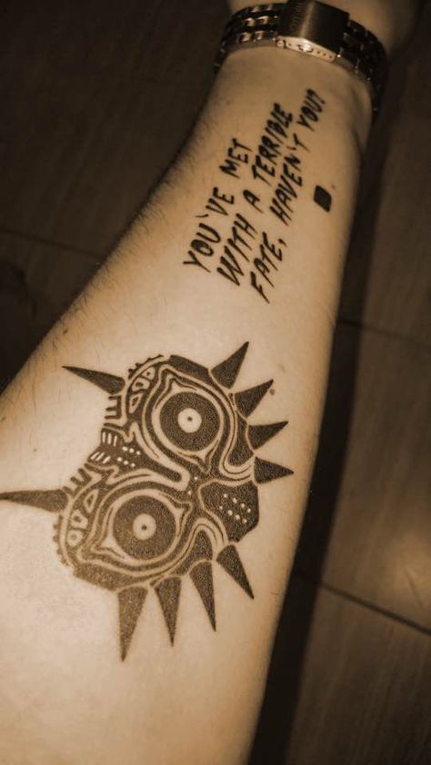 Majoras Mask Tattoo, Zelda Tattoo Ideas, Majora's Mask Tattoo, Happy Mask, Tattoos Cute, Nerdy Tattoos, Zelda Tattoo, Hand And Finger Tattoos, Cute Little Tattoos