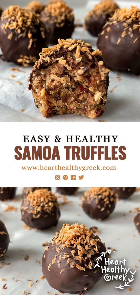 This recipe for Samoa Truffles is a healthy bite sized version of our favorite Girl Scout cookie. They are vegan, gluten-free and paleo. Samoa Truffles satisfy your sweet tooth without ruining your diet. Healthy Sour Snacks, Satisfy Sweet Tooth Healthy, Sweet Tooth-approved Desserts, Holiday Treats Healthy, Healthy Truffle Recipes, Date Samoas, Samoa Truffles Recipe, Healthy Samoa Cookies, Samoa Truffles