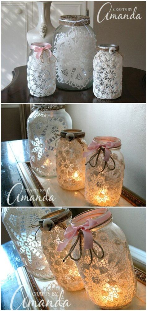 Everyone loves rustic, vintage decor. If you want nothing more than to turn your home into a classic paradise, but you don’t really want to spend a fortune doing so, I’ve got quite a treat for you. I’ve collected 30 of the easiest and most gorgeous DIY projects that will give you that vintage... Mason Jar Crafts With Lights, Decorating Lanterns For Christmas, Doily Luminaries, Tinting Glass, Diy Chandeliers, Old Fashioned Decor, Lace Jars, Burlap Diy, Mason Jar Art