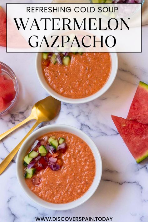 2 white bowls of watermelon gazpacho soup on a white table Savory Watermelon Recipes, Watermelon Gazpacho Recipe, Soup With Tomatoes, Chilled Soup Recipes, Spanish Soup, Tomato Gazpacho, Gazpacho Soup, Gazpacho Recipe, Summer Soup