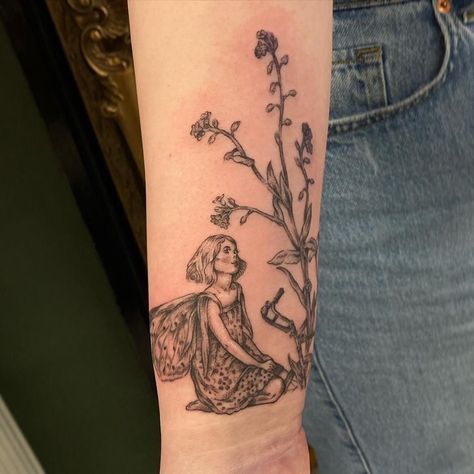 Cicely Mary Barker Flower Fairy Wrist Tattoo Flower Fairies Tattoo, Enchanted Tattoo, Nature Tattoo Ideas, Whimsical Tattoos, Cool Nature, Garden Tattoos, Fairy Tattoo Designs, Nature Tattoo, Forget Me Not Flower