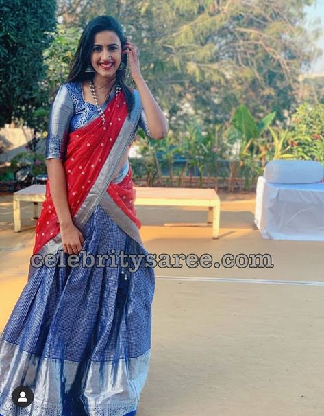 Niharika Konidela Blue Half Saree - Saree Blouse Patterns Half Saree Lehenga Color Combinations, Sarees Combination, Blue Half Saree, Lehenga Patterns, Ns Creations, Blouse Neck Models, Niharika Konidela, Long Skirt Top Designs, Silk Half Saree