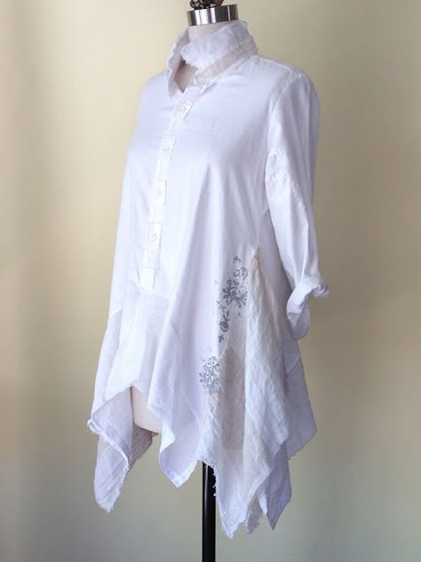 Refashioned Men's shirt - this is absolutely beautiful White Dress Shirts, Reuse Clothes, Mens Shirt Refashion, Cut Up Shirts, Recycled Sweaters, Repurposed Clothing, Altered Couture, Shirt Refashion, Altering Clothes