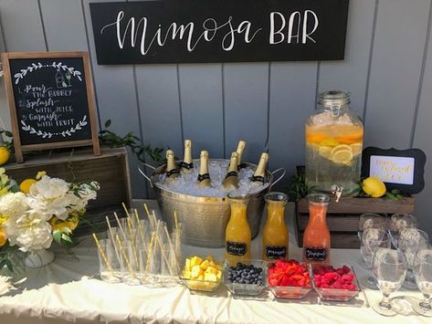 bridal shower mimosa bar ideas Mimosa Bar Birthday Party, Backyard Mimosa Bar, Engagement Party Mimosa Bar, 21st Brunch Party, Mimosa Bar For Bridal Party, Mimosa Bar For Wedding, Bridal Party Mimosa Bar, Rustic Brunch Bridal Shower Ideas, 21 Birthday Bar Ideas