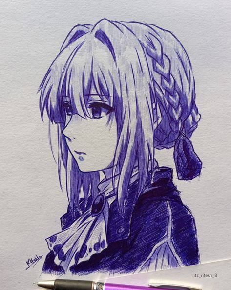 Violet evergarden, pen art Anime Pen Art, Violet Evergarden Drawing, Cloth Shading, Diary Art, Pen Art Drawings, Violet Evergarden, The Cloth, Pen Sketch, Dragon Ball Super Manga