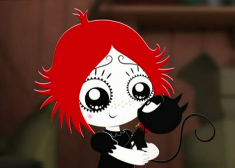 red hair cartoon girl and black cat, emo cartoon, red hair character