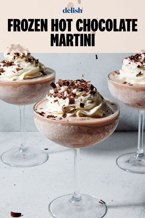 A special winter treat. Frozen Hot Chocolate Martini Recipe, Frozen Chocolate Martini, Hot Chocolate Martini, Frozen Hot Chocolate Martini, Homemade Spirits, Alcoholic Recipes, Chocolate Martini Recipe, Christmas Starters, Shot Glass Desserts