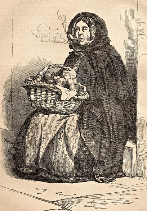 "The Irish Street-Seller" - Illustration from Henry Mayhew's "London Labour & London Poor" (1851-1865): "I was brought over here, sir, when I was a girl, but my father and mother died two or three years after. I was in service, I saved a little money and got married. My husband’s a labourer, he’s out of worruk now, and I’m forced to thry and sill a few oranges to keep a bit of life in us, and my husband minds the children." Victorian Street, Old London, London Life, Book Of Life, Victorian Era, Find Art, Photo Printing, Giclee Print, London