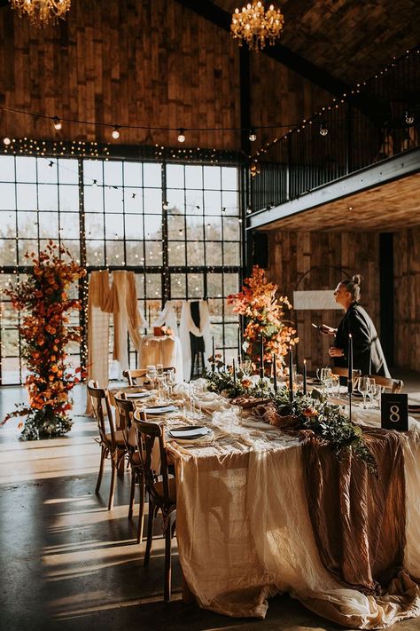 Flower Columns, Autumn Wedding Theme, Orange Colour Scheme, Brown Wedding Themes, Wedding Lighting Ideas, Barn Wedding Dress, Fall Wedding Venues, Fall Wedding Bridesmaids, Fairy Lights Wedding