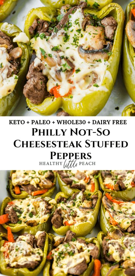 The Best Philly Not-So Cheesesteak Stuffed Peppers - Healthy Little Peach Steak Mushrooms, Healthy Little Peach, Peach Healthy, Cheesesteak Stuffed Peppers, Cheese Alternative, Stuffed Peppers Healthy, Sliced Steak, Green Peppers, Recipe 30