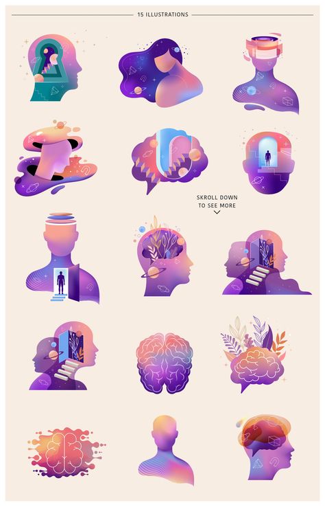 Human Mind, Dream, Brain Collection by Marish on @creativemarket Psychology Illustration Art, Human Graphic Design, Brain Illustration Creative, Psychology Graphic Design, Brain Graphic Design, Human Brain Art, Psychology Illustration, Innovation Illustration, Memory Illustration