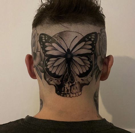 Butterfly Head Tattoo, Side Of The Head Tattoo, Back Head Tattoo, Skull Head Tattoo, Head Tattoo Design, Back Of Head Tattoo, Butterfly Skull Tattoo, Head Tattoo Men, Under Chin Tattoo