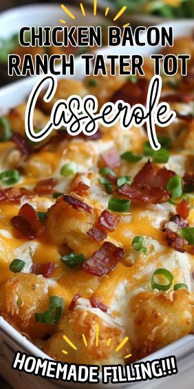 Chicken Bacon Ranch Tater Tot Casserole. This dish combines tender chicken, crispy bacon, and golden tater tots, all smothered in a creamy ranch sauce. It’s a delightful blend of flavors… Chicken Alfredo Tater Tot Casserole, Chicken Bacon Ranch Tater Tot Casserole, Bacon Ranch Tater Tot Casserole, Ranch Tater Tot Casserole, Creamy Ranch Sauce, Casserole Dish Recipes, Tater Tot Recipes, Bacon Casserole, Ranch Sauce