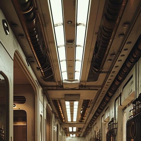 Chet Callahan • Future Familiar on Instagram: "A lot of artists find sci-fi hallways a bit of a cliche but there’s something about them that I just love exploring" Retro Sci Fi Aesthetic, Interior Spaceship, Sci Fi Interior, Sci Fi Hallway, Sci Fi Aesthetic, Lighting Aesthetic, Futurism, Retro Futurism, Spaceship