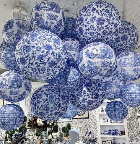 Almafi Wedding Theme, Chinoiserie Engagement Party, Blue And White Paper Lanterns, Blue Outdoor Party Decor, Toile Party Decor, Blue And White Floral Party, Ginger Jar Bridal Shower Decor, Coastal Theme Party Decor, Blue Willow Bridal Shower Ideas