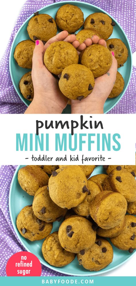 These mini pumpkin muffins are the perfect breakfast or snack for the fall! Quick and easy to make, they are a hit with toddlers and kids Organic Baby Food Recipes, Muffins For Toddlers, Pumpkin Mini Muffins, Mini Pumpkin Muffins, Toddler Muffins, Baby Muffins, Frozen Pumpkin, Toddler Breakfast, Toddler Snacks