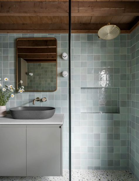 Guest Bathroom Renovation, Alpine Design, Studio Build, Timber Ceiling, Alpine Village, Integrated Fridge, Green Colour Palette, Bathroom Design Small, Wall Mounted Tv