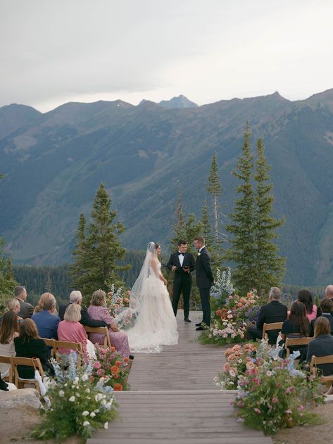 A Magical Mountaintop Wedding in Aspen, Colorado Mountain Chapel Wedding, Small Mountain Wedding Ceremony, Mountain Spring Wedding, Vail Wedding Colorado, Colorado Micro Wedding, Mountain Wedding Ceremony, Aspen Colorado Wedding, Summer Mountain Wedding, Mountain Wedding Ideas