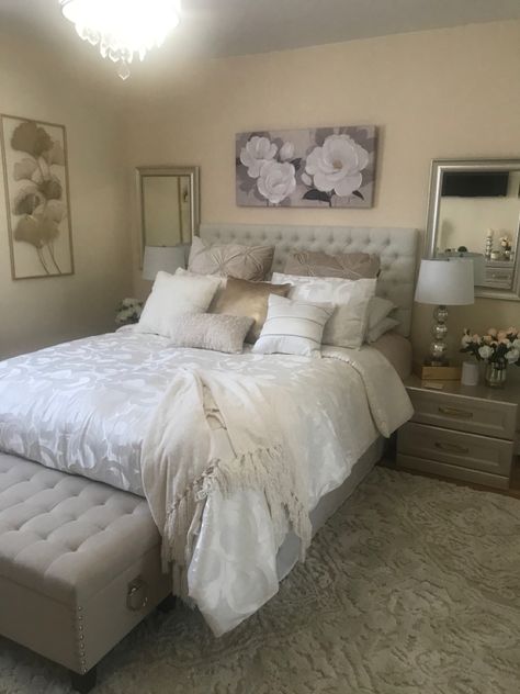 I painted old furniture in champagne gold and redecorated to make the master bedroom feel glam and luxurious. Creative Beds, Bedroom Design Styles, Bedroom Decor On A Budget, Color Furniture, Bedroom Decor For Small Rooms, Luxury Bedroom Decor, Budget Bedroom, Bedroom Wall Paint, Gold Bedroom