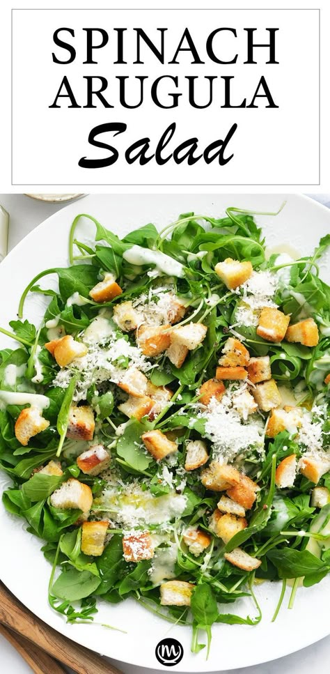 Top view of this spinach arugula salad over a white plate. Arugula Salad Dressing, Arugula Recipes, Arugula Salad Recipes, Spinach Salad Recipes, Fresh Salad Recipes, Yogurt Dressing, Lemon Yogurt, Salad Sauce, Cheap Dinner Recipes