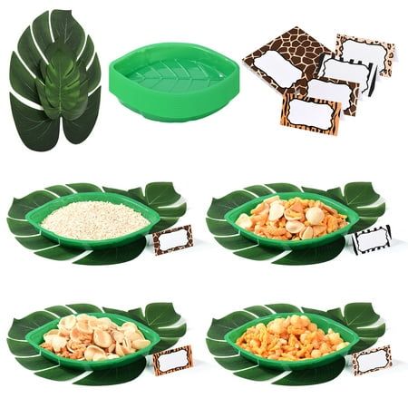 Package Include: The Jungle plant leaf set contains 12 leaf trays, 12 tropical imitation plant leaves, and 24 safari jungle message cards. These sets are enough for Hawaiian parties and wildlife-themed parties. Use them to experience tropical scenery with friends. High-Quality Materials And Reusable: The leaf tray is made of high-quality and durable plastic material, which is non-toxic and harmless, and supports reuse. The simulated plant leaves are not easy to tear and have a real leaf texture Safari Birthday Party Food, Giraffe Baby Shower Theme, Safari Baby Shower Decorations, Artificial Palm Leaves, Jungle Style, Candy Tray, Wild Birthday Party, Baby Shower Drinks, Jungle Birthday Party