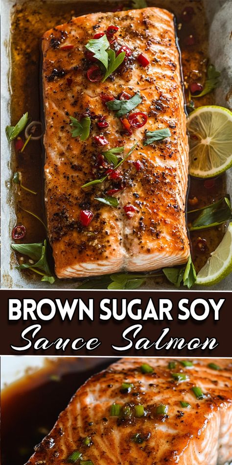 Looking for a quick and flavorful salmon recipe? This Brown Sugar Soy Sauce Salmon is a perfect blend of sweet and savory! 🍯 Rich soy sauce pairs with caramelized brown sugar to create a mouthwatering glaze that turns your salmon into a restaurant-quality meal. 

📌 Save this Pin for your next seafood night! You won’t believe how easy and delicious this recipe is.

#SalmonRecipe #BrownSugarSalmon #EasyDinnerIdeas #HealthyRecipes #QuickMeals #FishForDinner  #SavoryAndSweet #FoodieFavorites 🐟🍶 Salmon Thai Recipe, Easy Salmon Glaze, Salmon Brown Sugar Glaze, Sweet Salmon Glaze, Brown Sugar Bourbon Salmon, Salmon With Brown Sugar Glaze, Salmon Rub Recipe Brown Sugar, Salmon Recipes With Brown Sugar, Brown Sugar Salmon Baked