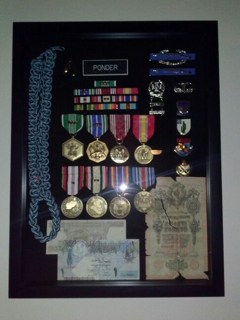 Military Awards Display.   16x20x1 3/4 shawdow box at Hobbylobby for $39. Custom cases are easily over $100 for these. Jrotc Shadow Box Ideas, Awards Display Ideas, Christmas Msg, Achievement Wall, Awards Display, Memorabilia Wall, Army Ribbons, Army Medals, Military Shadow Box