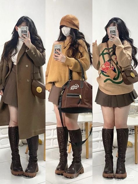 Midsize Korean Outfits, Chuppy Girl Outfit, Brown Boots Outfit Ideas, Chubby Fashion Outfits Korean, Brown Winter Outfit, Chubby Outfit Ideas, Chubby Girl Fashion, Long Brown Boots, Chubby Girl Outfits