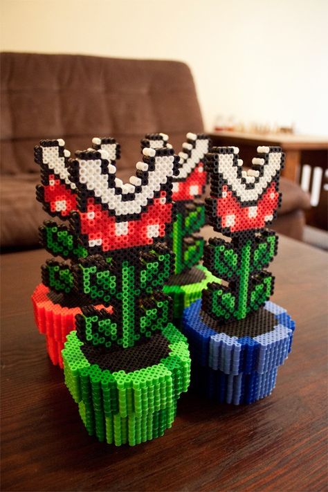 3D Piranha Plant hama perler beads Perler Bead Mario, Perler Creations, Nerd Crafts, Pixel Beads, 3d Perler Bead, Fuse Bead Patterns, Art Perle, Hama Beads Design, Perler Bead Templates