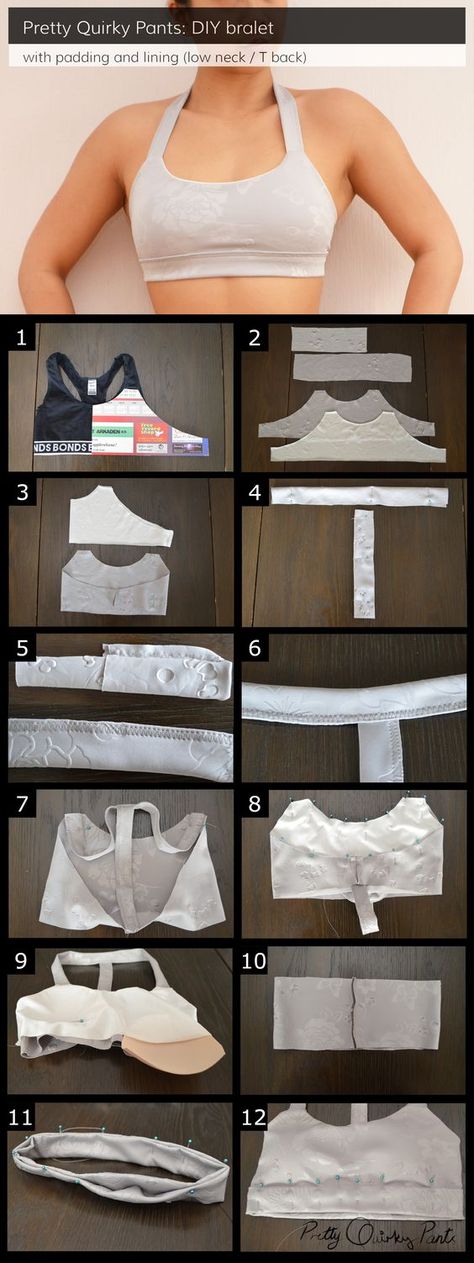 DIY T-Back Bralet Tutorial Make a lined and padded sports bra. Diy Bra Top, A Line Pants, Sports Bra Diy, Bra Tutorial, Pola Bra, Pants Diy, Sewing Bras, Pumping Bra, Diy Bra