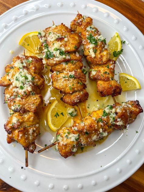 Air Fryer Lemon Garlic Parmesan Diced Chicken Kabobs recipe - The Glam Kitchen Lemon Chicken Kabobs, Air Fryer Parmesan Chicken, Chicken Kabob Recipes, Garlic Parmesan Sauce, Glam Kitchen, Kabob Recipes, Chicken Kabobs, Garlic Parmesan Chicken, Parmesan Sauce